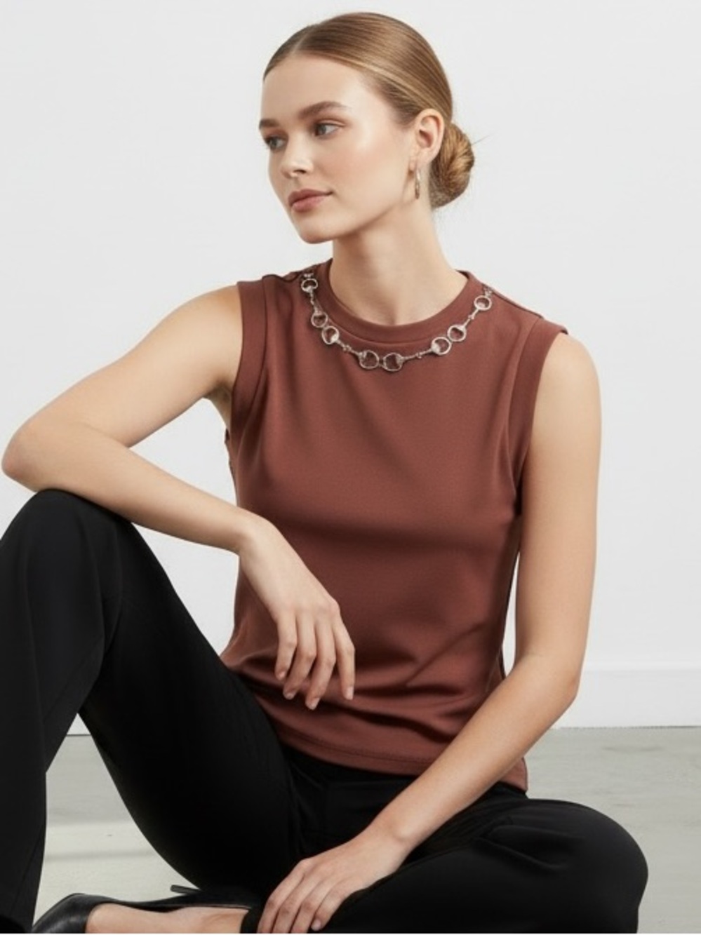 1612 • Rum Raisin Silver Horse Bit Detail Sleeveless Top